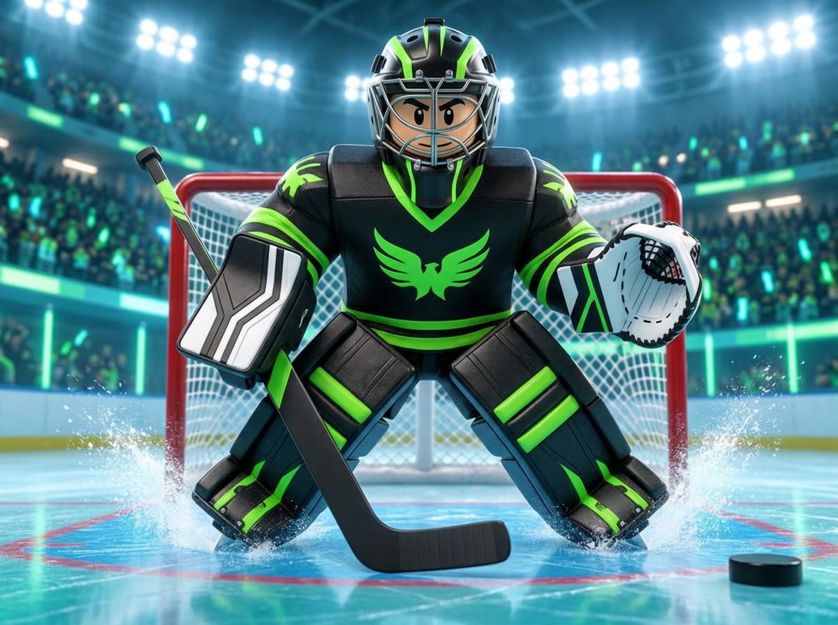 Illustrated blocky hockey goalie in full pads in front of the net