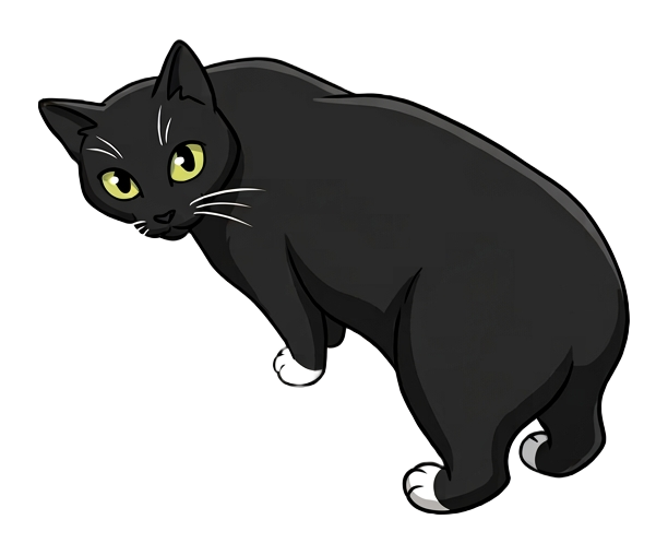 Illustrated black cat with white paws and yellow-green eyes